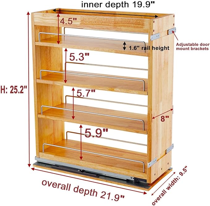 OCG 4 Tier Pull Out Spice Rack Holder Shelves (8" W x 22" D), spice organization for cabinet Storage Organization, pull out spice racks for inside cabinets