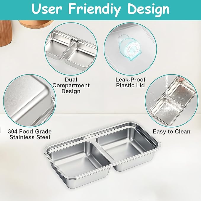 2Pcs Stainless Steel Snack Containers, 2 Compartments Portable Food Storage Bento Boxes with Lids, Divided Meal Prep Lunch Box Food Container Dishwasher Safe