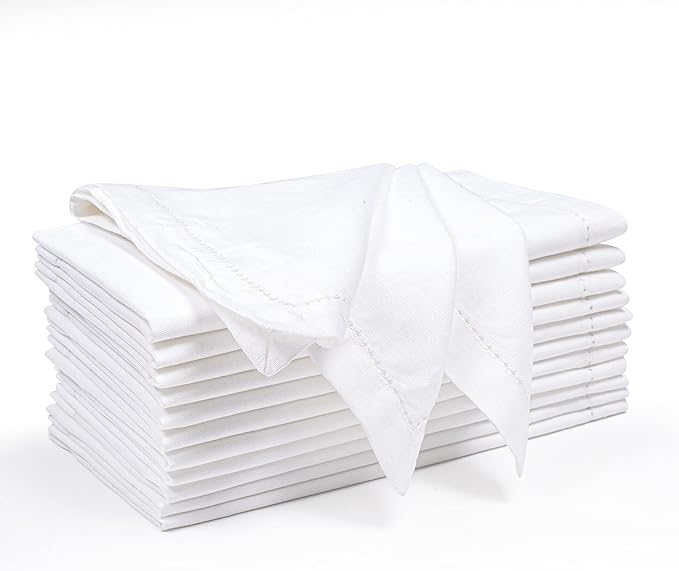 Ramanta Home White Coth Dinner Napkin Set of 12 Premium Easter Cotton 18X18 Inch Linen Flax Hemstitched Soft & Durable Napkins Ideal for Everyday Use, Wedding Parties, Spring Basket Decor