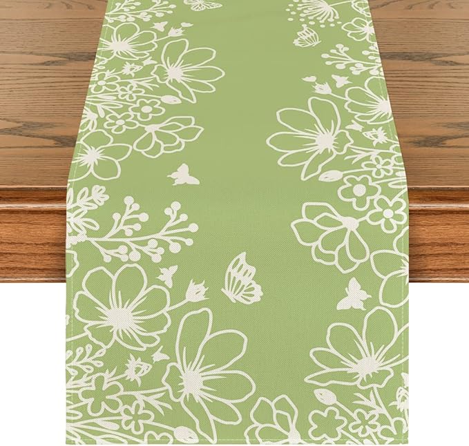 Artoid Mode Green Bloom Flowers Butterfly Spring Table Runner, Seasonal Holiday Kitchen Dining Table Decoration for Home Party Indoor 13x72 Inch