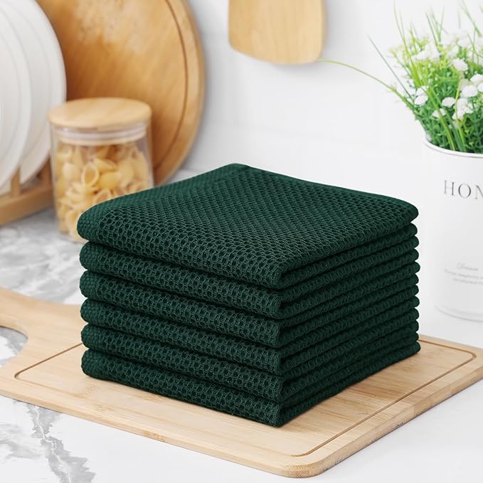 Kitinjoy 100% Cotton Kitchen Dish Cloths (12 X 12 Inches, Blackish Green), 6 Pack Waffle Weave Ultra Soft Absorbent Dish Towels for Drying Dishes Quick Drying Kitchen Towels Dish Rags