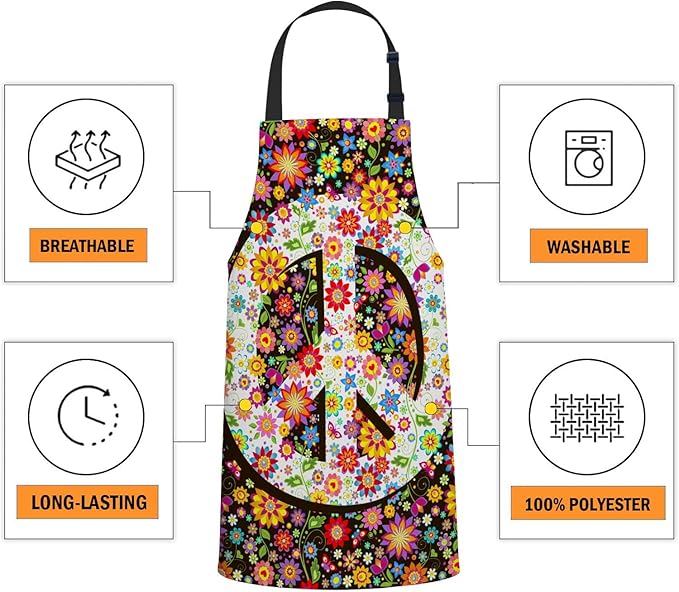 oFloral Hippie Flowers Print and Peace Apron Chefs Apron, Cooking and Baking Apron for Men and Women, Kitchen Aprons, Butchers Apron, BBQ & Catering Bibs, 27 X 31 Inch