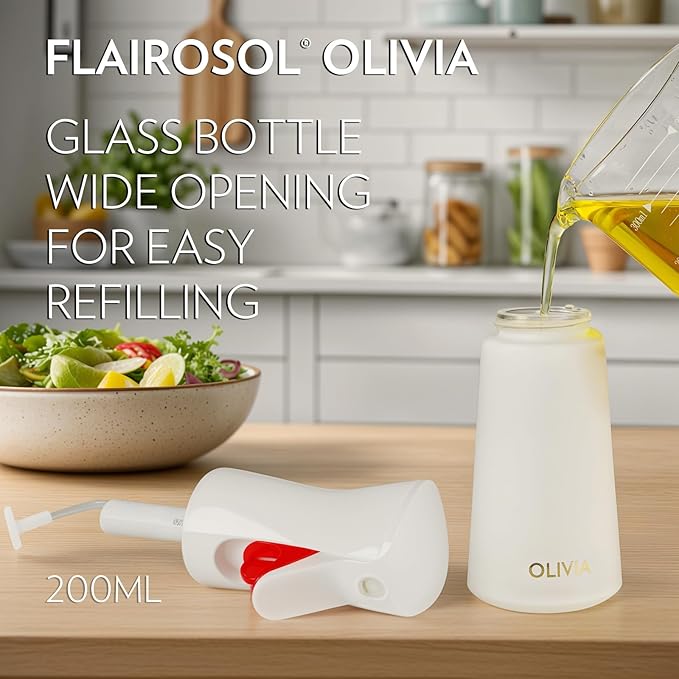 OLIVIA Signature Oil Sprayer for Cooking, 200ml Glass Olive Oil Sprayer, Continuous Cooking Spray with Portion Control, Oil Dispenser for Kitchen, Air Fryer, Salad, BBQ (White Bottle, Gold Print)