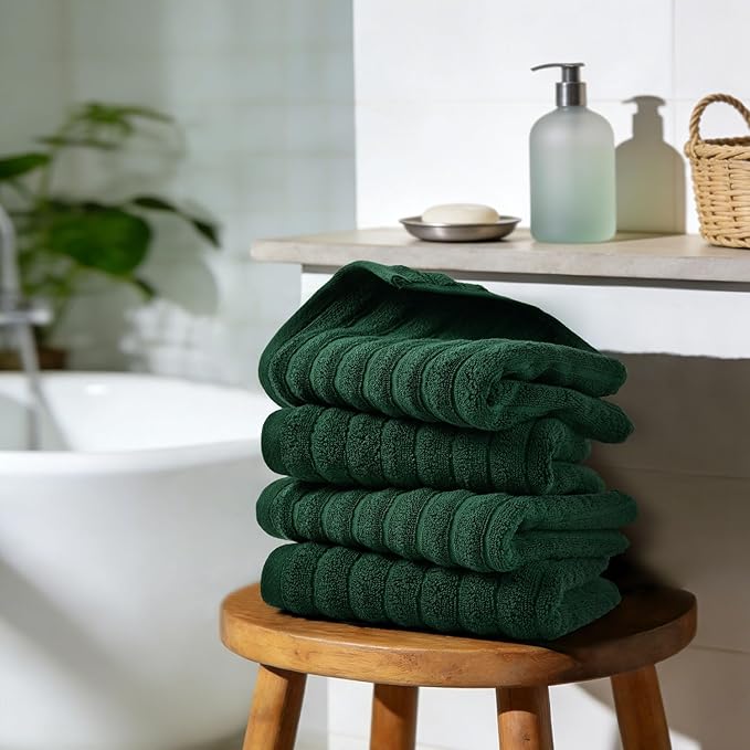 Jacquotha 4-Pack Hand Towels (Forest Green) Ribbed – Kitchen & Bathroom Premium Cotton Towels 13” x 29”, Soft and Quick Drying 470 GSM