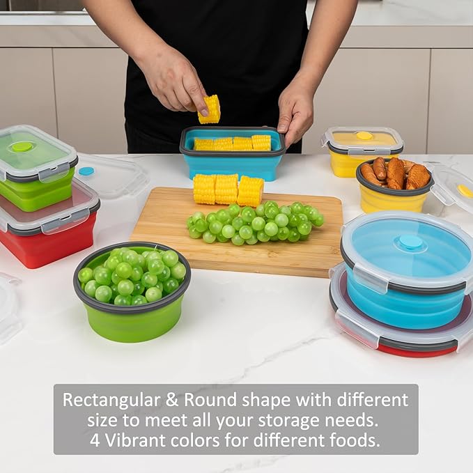 Collapsible Food Storage Containers with Lid & Air Vent, 8 Pack, 4 Rectangular + 4 Round, Annaklin Foldable Silicone Lunch Containers Collapsible Bowls Set, Microwave Freezer Dishwasher Safe, 4 Colors