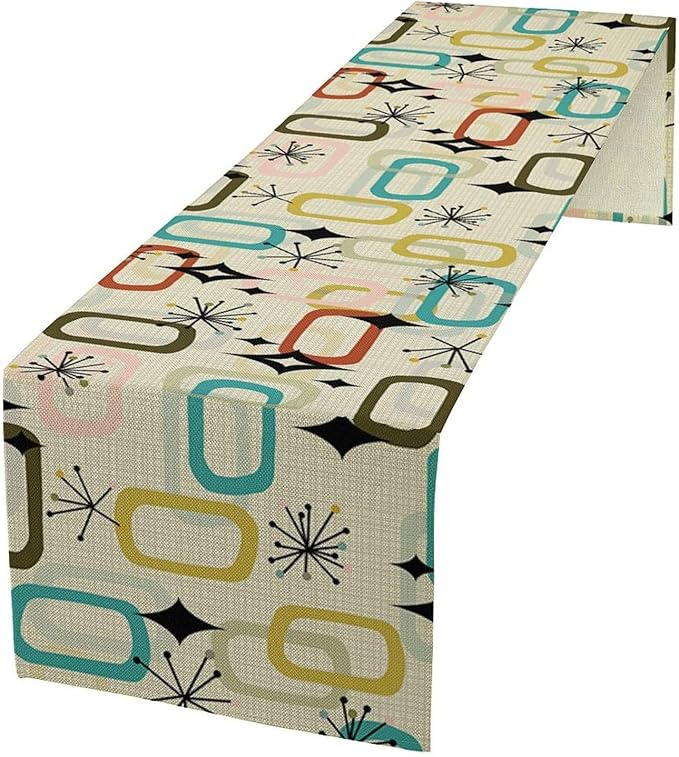 Mid Century Table RunnerRetro Atomic Boho Abstract Geometric Art Printed Dinner Runner for Home Kitchen Dining Table Decor Fabric 1 Panel W13xL36in