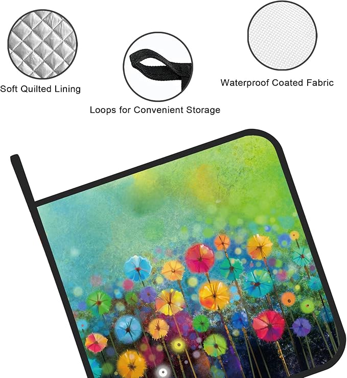 Abstract Floral Watercolor Painting Pot Holders Set of 2 Kitchen Heat Resistant Potholder for Microwave Cooking Baking Oven End Dishes and BBQ
