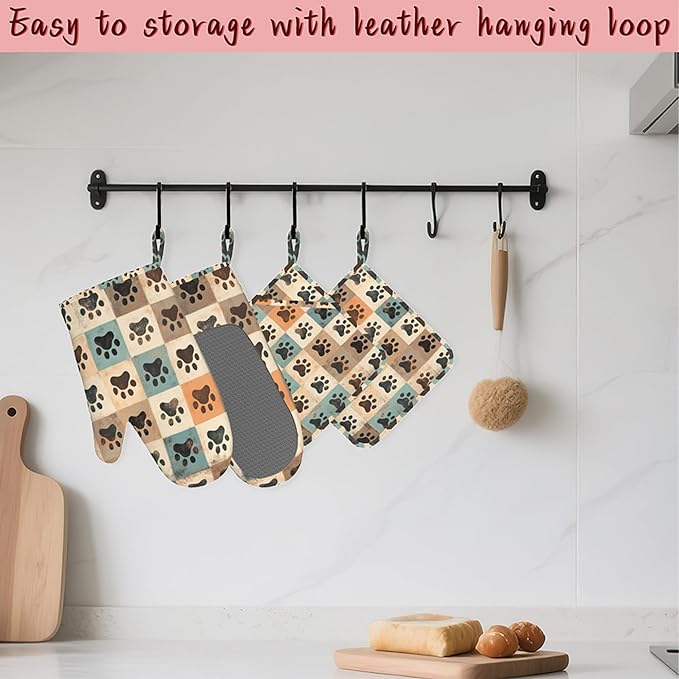 Cute Paw Print Heat-Resistant Silicone Oven Mitts and Pot Holder 4 Piece Set,Vintage Non-Slip Kitchen Oven Gloves for Baking, BBQ, Cooking,Grilling