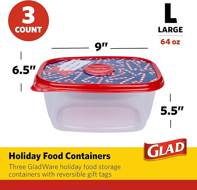 Glad GladWare Holiday Food Storage Containers with Reversible Gift Tags, Large Rectangle BPA Free Plastic for Holiday Cookies and Gifting, Microwave Freezer Dishwasher Safe, 64 Oz, 3 Count