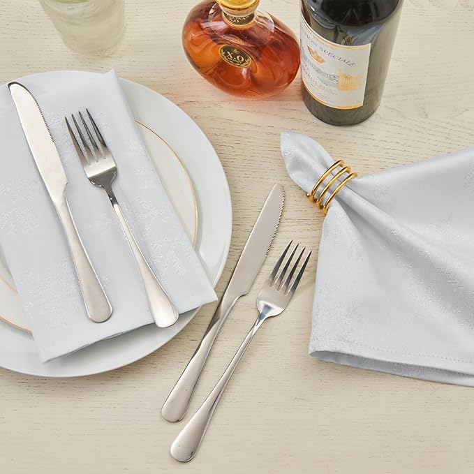 Cloth Napkins Set of 8–Square Jacquard sparkling metallic snowflake Fabric Polyester Washable Reusable Cloth Napkins for Kitchen Dinner Dining Restaurant Wedding Table(White Silver/17x17 Inch)