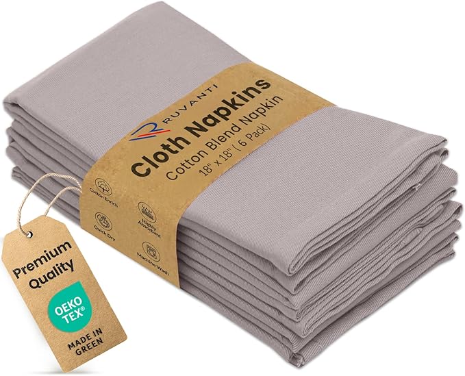 Ruvanti Cloth Napkins Set of 6, 18x18 Inches Napkins Cloth Washable, Soft, Durable, Absorbent, Cotton Blend. Table Dinner Napkins Cloth for Hotel, Lunch, Restaurant, Wedding Parties - Coffee Grey