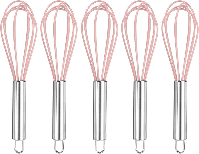 HARFINGTON 5Pcs Silicone Whisk 8" Kitchen Whisk Wire Whisks Beater with Stainless Steel Handle for Egg Milk Whisking Blending Beating & Stirring, Pink