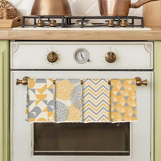 4 Pcs Abstract Artistic Kitchen Towels, Yellow Flower Soft Absorbent Tea Hand Towel, Microfiber Dish Cloths for Drying Dishes, Waffle Dish Towels for Kitchen Bathroom Home Decor for Women Mom
