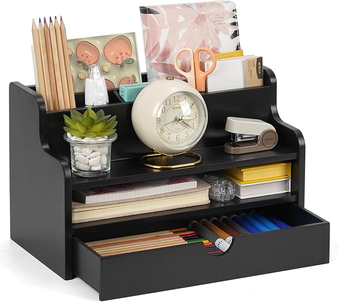 Mail Organizer Countertop, 4 Slots Desk Organizer with Drawer and Shelf, Wooden Mail Sorter for Desk, Desktop File Holders for Storage Pens, Envelopes and Bills