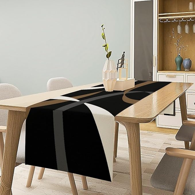 Abstract Geometric Table Runner Brown Grey and White Striped Black Background Modern Kitchen Dinner Runner for Indoor Home Living Room Party Dining Table Decoration 13"x70"
