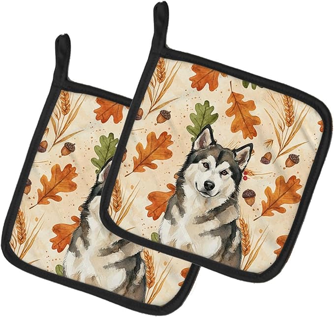 Caroline's Treasures Sable and White Alaskan Malamute Heirloom Fall Pair of Pot Holders Pair 7.5x7.5 Quilted Insulated Hot Pads Decorative Kitchen Gift Made in USA