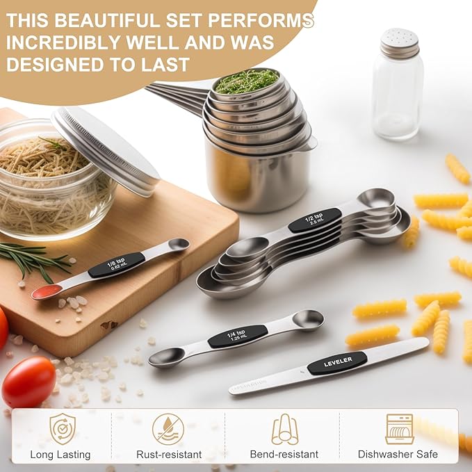 Stainless Steel Measuring Cups & Spoons Set, EWFEN Kitchen Tools Nesting Measuring Cups and Spoons, Fits in Spice Jars for Baking & Cooking, BPA Free, Set of 15 with Leveler, Black