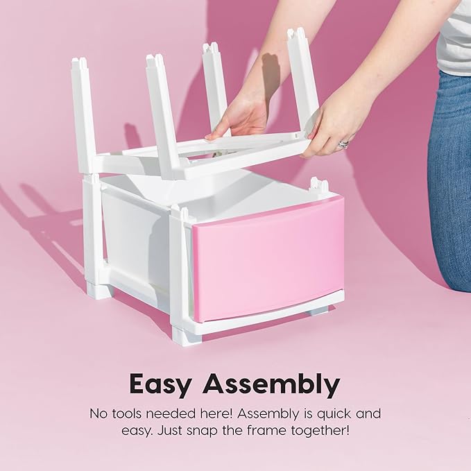 IRIS USA Plastic Drawer Storage Organizer, 4-Drawers, for Classroom Art Supplies Bathroom Dorm Bedroom Laundry Room, Slim Narrow, White Frame with Matte Pink Front Panels