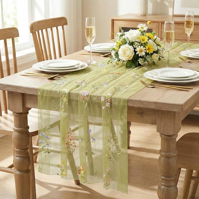 Artoid Mode Wildflower Floral Fern Green Gauze Embroidery Table Runner 120 Inch 10FT, Tulle Seasonal Spring Kitchen Dining Table Decor for Home Party