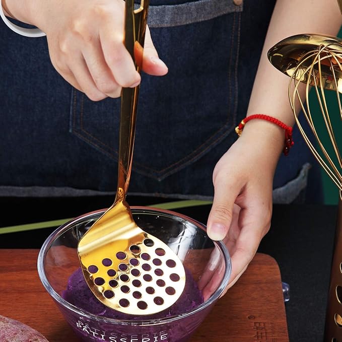 Gold Potato Masher, Berglander Heavy Duty Metal Potato Ricer Stainless Steel With Titanium Gold Plating, Food Utensil Hand, Vegetables Fruits Mashe, Dishwasher Safe, Easy to Clean