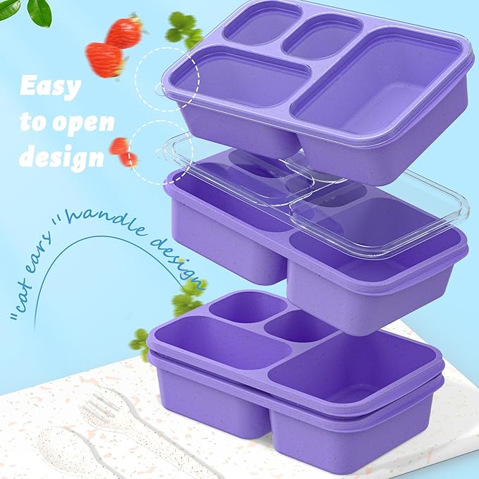 Bento Box 4-Pack 5-Compartment Meal Prep Containers, BPA-Free Plastic, Stackable Food Storage Lunch Boxes for Adults and Kids, School Work Travel (Purple)