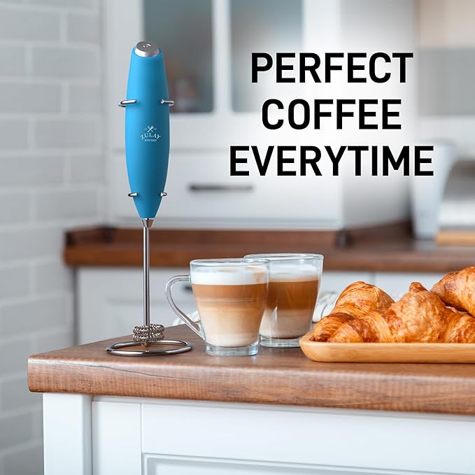 Zulay Kitchen Powerful Double Whisk Milk Frother Handheld - Foam Maker With Stand - Whisk Drink Mixer for Coffee, Mini Foamer for Latte, Matcha, Frappe, Hot Chocolate & Cappuccino - Ocean Blue