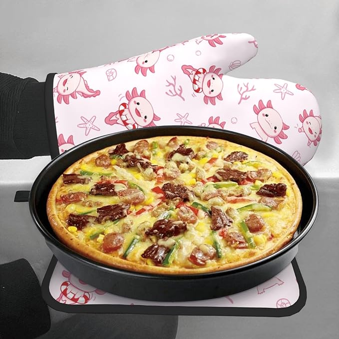 Cute Cartoon Axolotl Oven Mitts and Pot Holders Heat Resistant Oven Mitts Safe for Baking Cooking BBQ