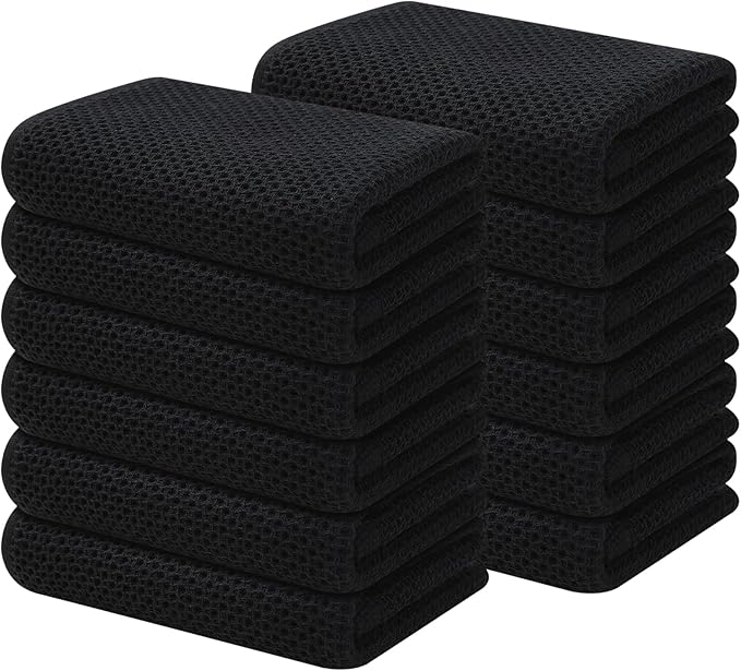 Kitinjoy 100% Cotton Waffle Weave Kitchen Hand Towels (13 X 28 Inches, Black), 12-Pack Super Soft and Absorbent Dish Towel for Drying Dishes