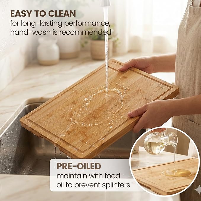 Kikcoin Bamboo Cutting Boards for Kitchen Set of 3, Extra Large Wood Cutting Board with Rotating Kickstand & Juice Groove, Wooden Chopping Board for Meats Veges Fruits, Heavy Duty Serving Tray