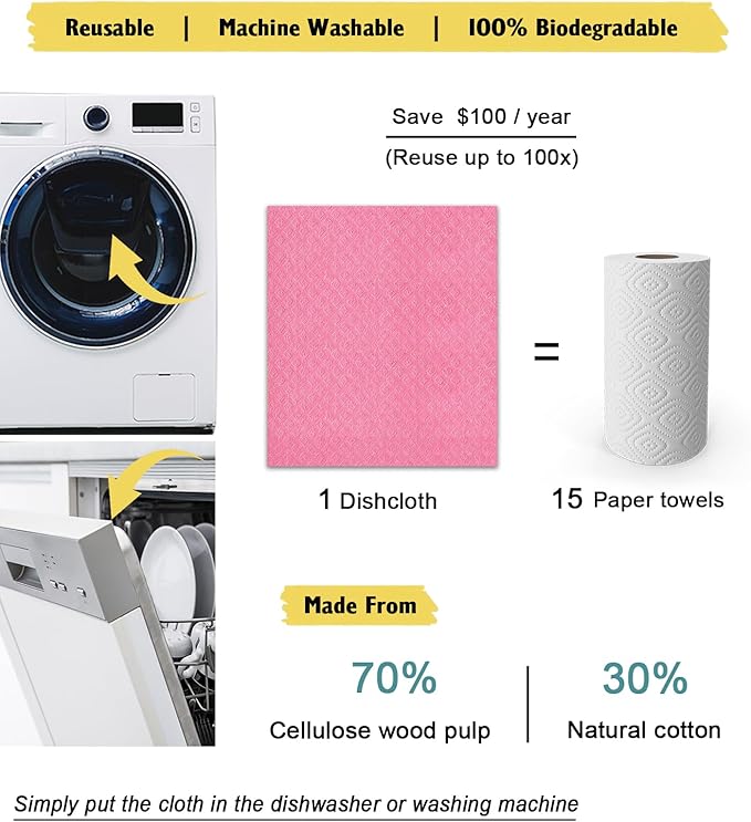 MoLKENE Swedish Dishcloths for Kitchen | 6 Pack Absorbent Cellulose Sponge Cloths Washable | Non-Scratch Reusable Paper Towels Quick Drying Cleaning Cloths - Pink