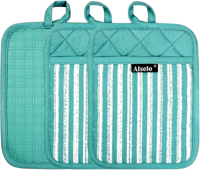 Alselo Silicone Pot Holders Set of 3 Heat Resistant & Non Slip Potholders, Professional Oven Hot Pads with Pockets Mitts for Kitchen Cooking Baking Barbecue