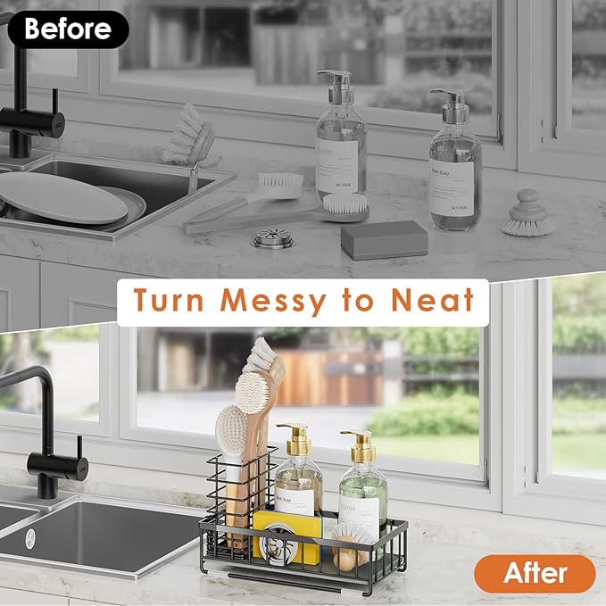 OVICAR Kitchen Sink Caddy Sponge Holder - Instant-Dry Sink Organizer with Brush Holder - Waterproof Soap Dispenser Non-Slip Countertop Organizer Storage for Kitchen Bathroom Black