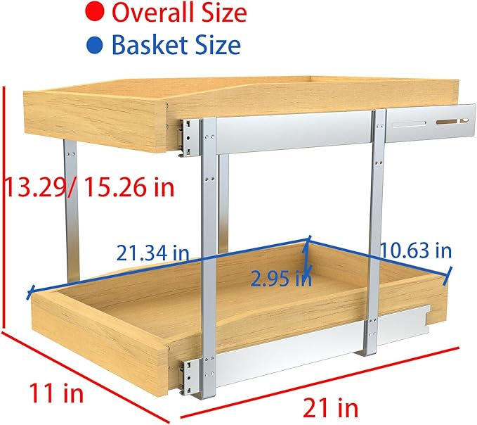 2 Tier Pull Out Cabinet Organizer, 11"W x 21"D Solid Wood Heavy-Duty Base Bottom Assembly Slide out Drawer Shel Cabinet Organization for Kitchen, Pantry, Bathroom