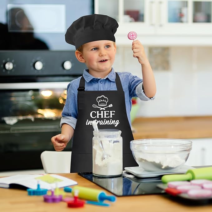 Kids Apron and Chef Hat Set, Funny Apron with 2 Pockets, Adjustable Kids Aprons for Cooking for Boys and Girls