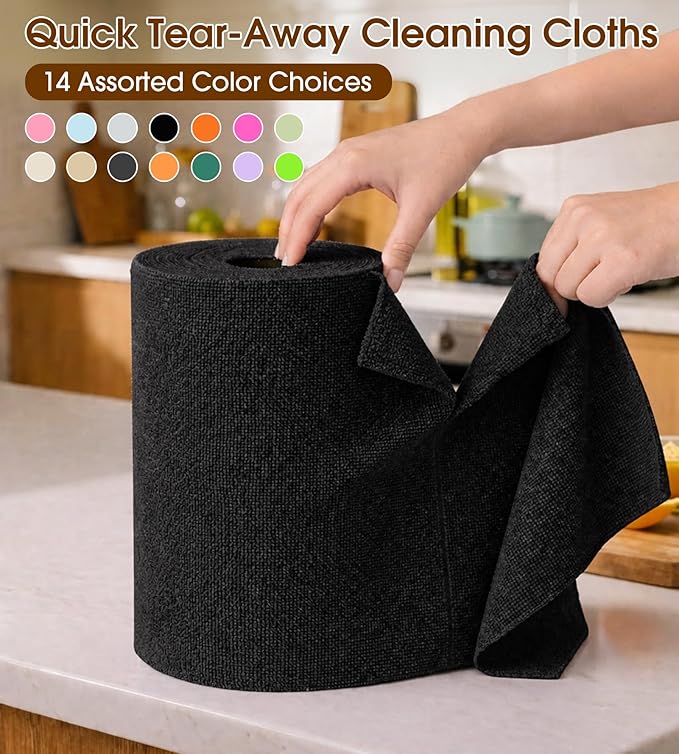KitchLife Microfiber Cleaning Cloth Roll, 100 Pack - Tear-Away Microfiber Paper Towels, Lint-Free, Reusable, Washable for Kitchen, Car, Dishes, and Sensitive Surfaces (Black)