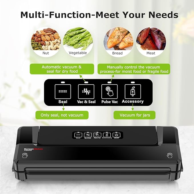 Bonsenkitchen Vacuum Sealer Machine | Compact Food Sealer for Kitchen Storage & Meal Prep | Multiple Modes | External Vacuum System | 5 Bags, Black