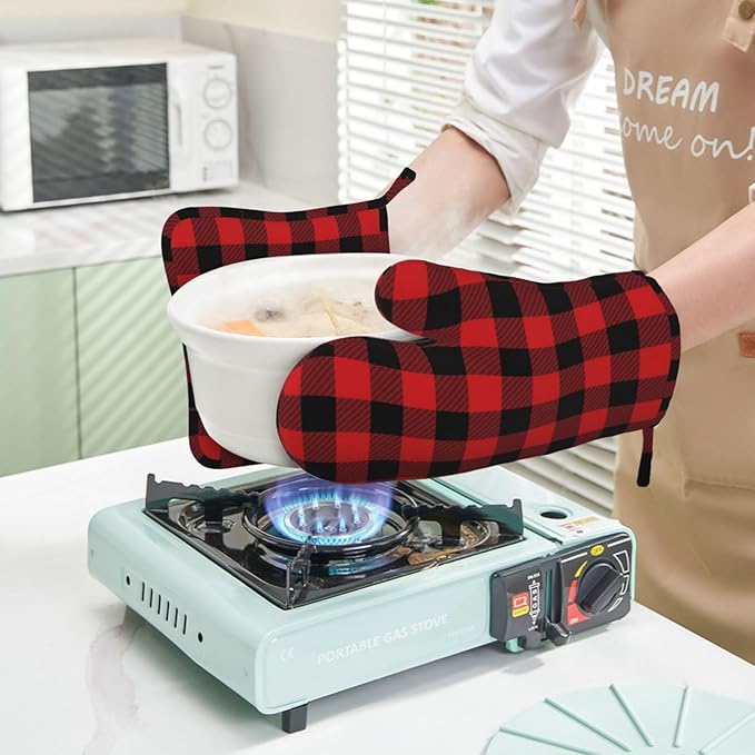 Buffalo Plaid Black and Red Oven Mitts and Pot Holders Set, 4pcs Black Red Plaid Silicone Oven Glove for Kitchen Heat Resistant Oven Mitts and Potholders Non-Slip for Cooking