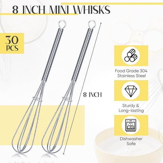 Baderke 30 Pcs Mini Whisk Bulk Small Whisks for Cooking 304 Stainless Steel Tiny Whisk for Baking, Whipping, Beating Eggs, Mixing Sauces, Blending Ingredients (8 Inch)