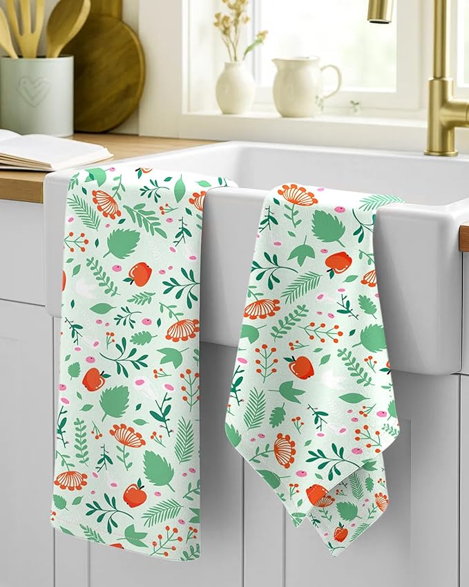 Miss Adola Flour Sack Kitchen Towels Set of 2-18x26 Cotton Dish Towels with Hanging Loop Reusable Tea Towel for Cleaning Spring Absorbent Dishcloths Cute Home Decor Housewarming, Green Leaf Fruit
