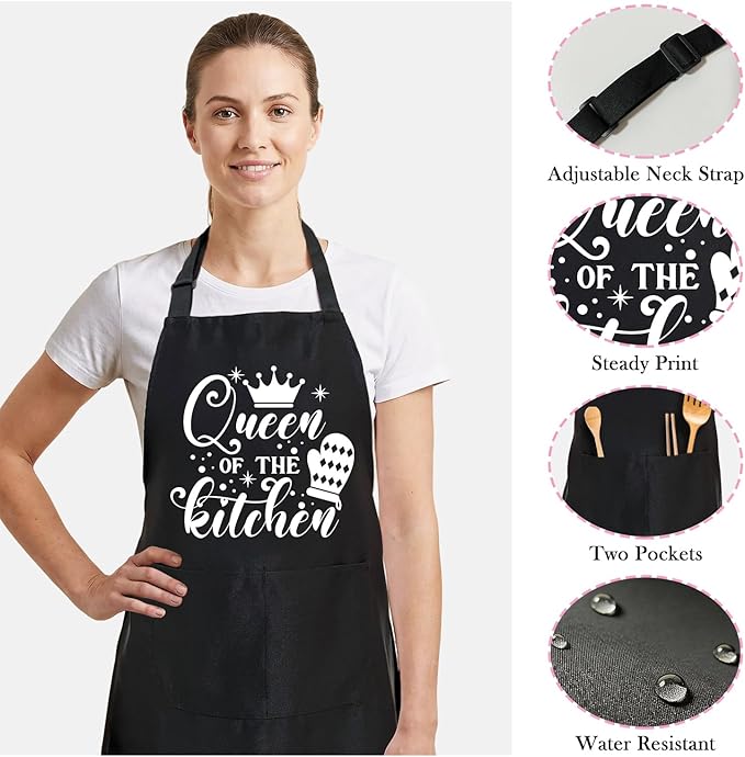 Black Baking Aprons for Women, Adjustable Cooking Baking Kitchen Aprons for Mom Chef with Pockets