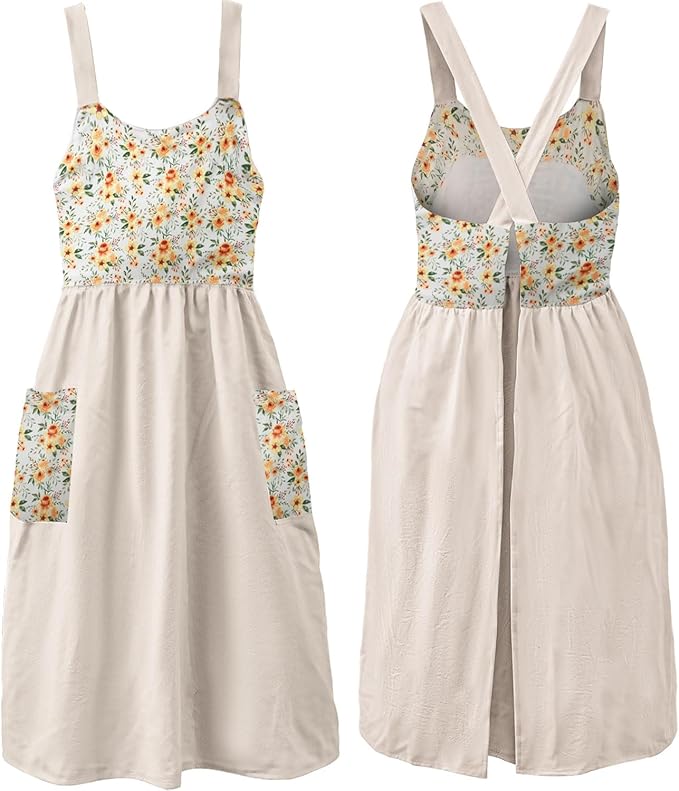 Uaussi Cotton Linen Apron Cross Back Work Apron for Women with Pockets Pinafore Dress X Cross Halter Apron for Chef Gardening