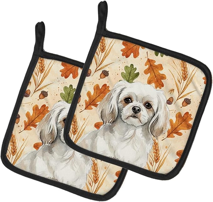 Caroline's Treasures White Tibetan Spaniel Heirloom Fall Pair of Pot Holders Pair 7.5x7.5 Quilted Insulated Hot Pads Decorative Kitchen Gift Made in USA