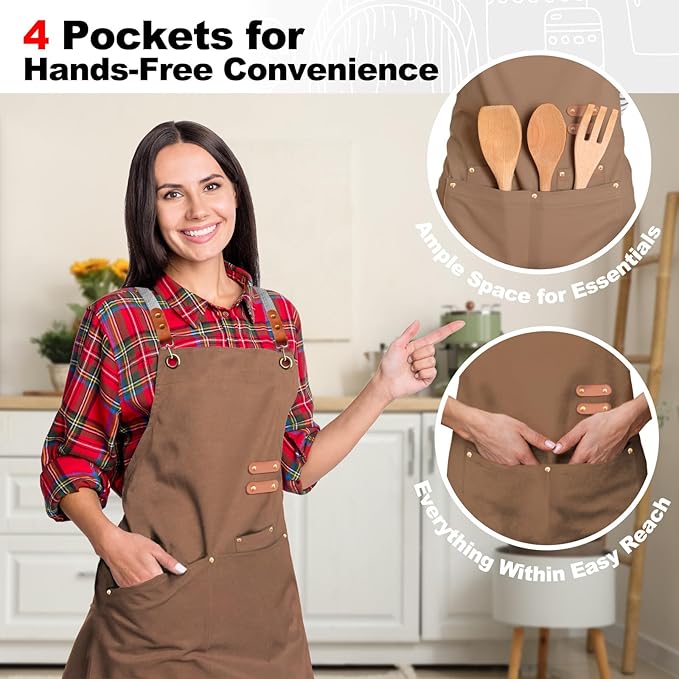 BeLuyi chef apron bib tool apron for man woman cross back straps with 4 pockets for kitchen cooking gardening baking working