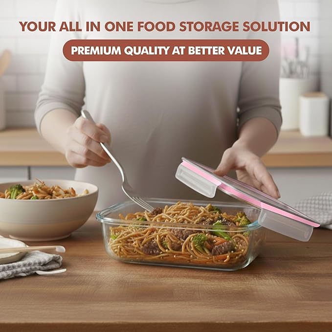 Razab 16 Pc (Set of 8) 30 Oz Glass Meal Prep Containers with Lids, Airtight Large Glass Food Storage Containers, Reusable Leak Proof BPA Free, Freezer to Oven and Dishwasher Safe