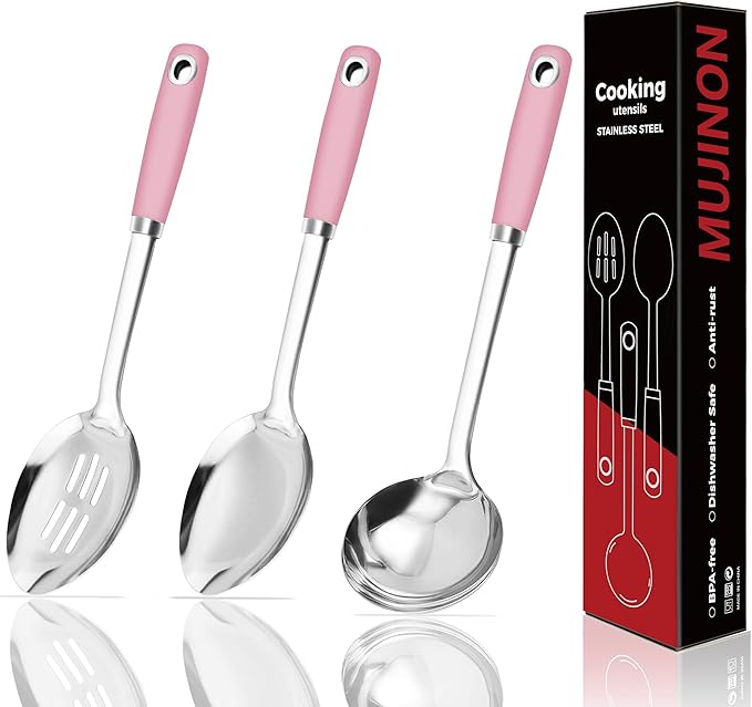 14-in Pink Cooking Spoons Set, Heavy Duty 18/0 Stainless Steel Large Serving Spoons Set, Slotted Spoon, Cooking Spoon & Soup Ladle, Commercial and Residential Use, Pack of 3