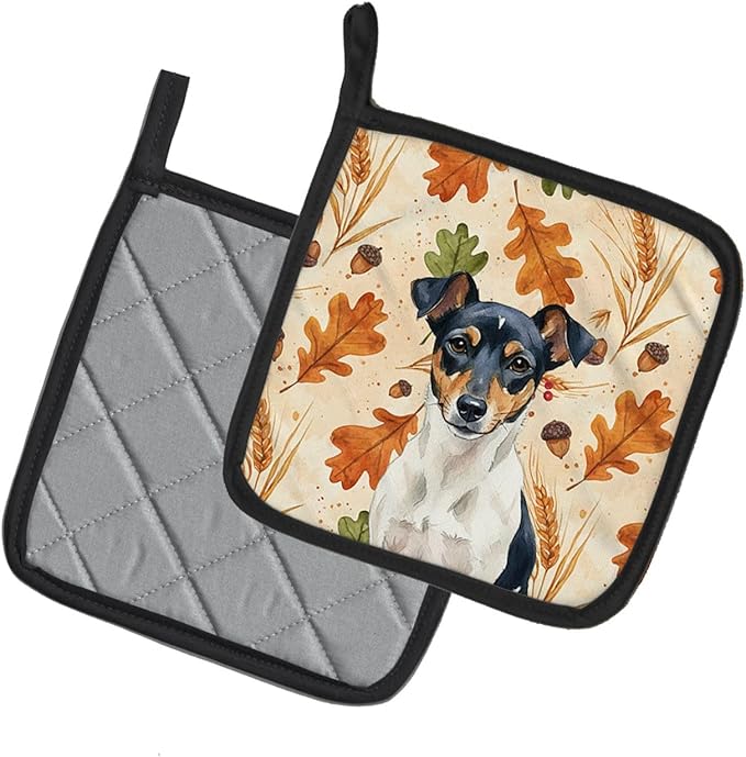 Caroline's Treasures Tricolor Rat Terrier Heirloom Fall Pair of Pot Holders Pair 7.5x7.5 Quilted Insulated Hot Pads Decorative Kitchen Gift Made in USA