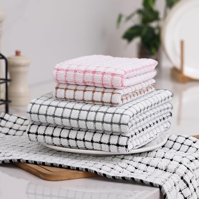Homaxy Kitchen Towels and Dishcloths Set, 16 x 25 and 12 x 12 Inches, Set of 8 Cotton Terry Kitchen Dish Towels, Super Soft and Absorbent Dish Cloths, Black/Grey/Pink/Brown