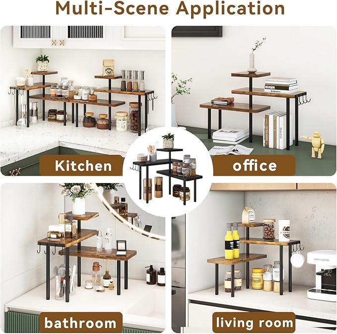 IBUYKE Countertop Organizer,3-Tier Spice Racks,Set of 2,Kitchen Counter Corner Shelf,4 Side Hooks,Adjustable Countertop Shelf for Kitchen, Bathroom, Coffee Bar, Cabinet, Desk,Rustic Brown,TLJ023H-2