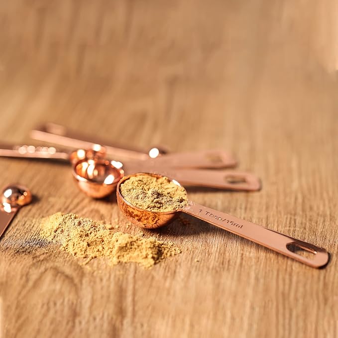 Tablespoons Teaspoons Measure Spoon Set of 6, Copper Plated Metal Measuring Spoons for Measuring Dry or Liquid Ingredients Spice for Kitchen Baking Cooking, Rose Gold Measuring Scoops Gift Set