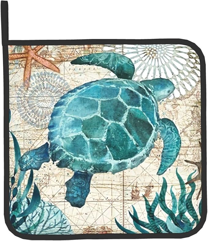 Blue Sea Turtle Oven Mitts & Pot Holders Sets Holiday Kitchen Decor Nautical Map Area Heat Resistant Non-Slip Potholders Set for Cooking Baking BBQ